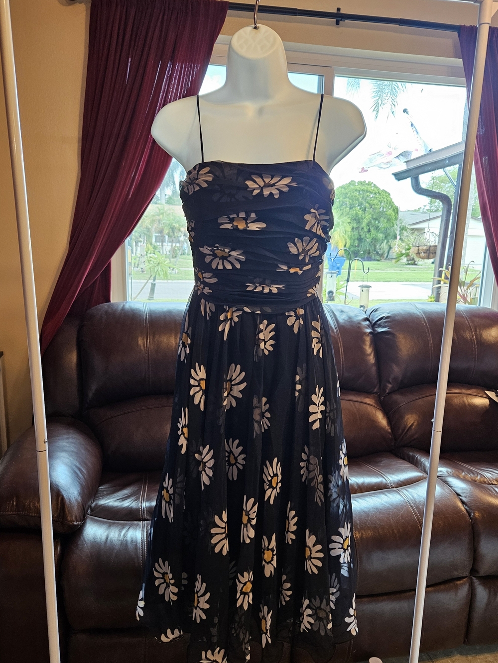 Vintage Nili Richards Black Floral Spaghetti-Strap Midi Dress